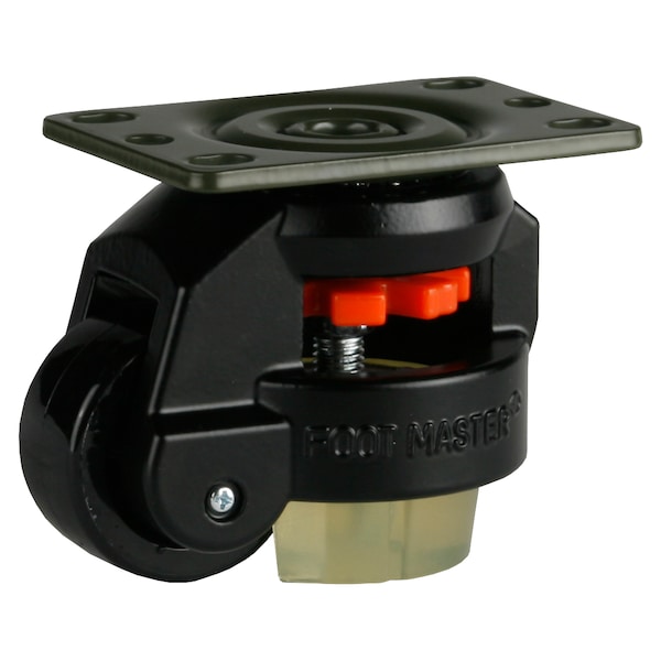 Leveling Caster, 50 mm Nylon Wheel, 2-1/2 x 3-1/4 Plate, Swivel, 280 kg Cap, PU Foot Pad, Black